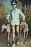 John Santry, Boy with Greyhounds, Oil on Board
