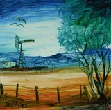 Pro Hart, Landscape with Windmill, Oil on Board