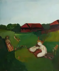 Garry Shead, Wattle Ann in Killara Park / Killara Derby, c.1966, Oil & Mixed Media on Board