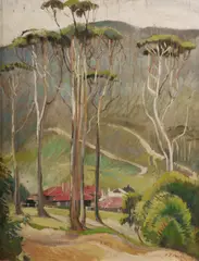 At the Foot of the Mountains by Adelaide Elizabeth Perry, 1927, Oil on Ply, sold Mar 2025
