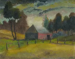 George Duncan, Barn and Trees, Oil on Board