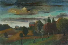 George Duncan, Houses on the Hill, Oil on Canvas