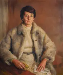 Portrait of Yve Close (Woollen Coat) by Joshua Smith, 1980, Oil on Board, sold Mar 2025