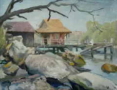 Boat-houses II by Joshua Smith, c.1940, Oil on Ply, sold Mar 2025
