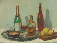 Still Life with Champagne and Brandy by Joshua Smith, Oil on Board, offered Mar 2025