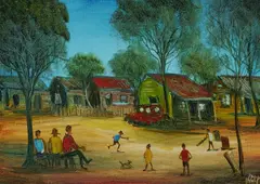 Pro Hart, Kids Playing, 1987, Oil on Canvas on Board