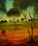 Pro Hart, Outback Landscape, Oil on Board