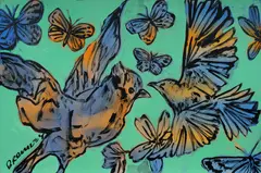 David Bromley, Fluttering Birds and Butterflies, Acrylic on Canvas