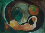 Mavis Chapman, Untitled Abstract (Green, Orange, Brown), Mixed Media on Masonite