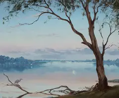 Moonrise Over Tananya Waterhole by Kevin Best, Oil on Board, sold Dec 2024