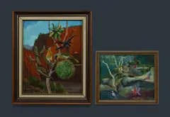 (2) by Kevan Henry Hardacre, 'Grey Headed Honeyeaters,' 1982, oil on board (39.5x32cm), signed lower right; and 'Bush Rock Galahs,' 1990, oil on canv, offered Dec 2024