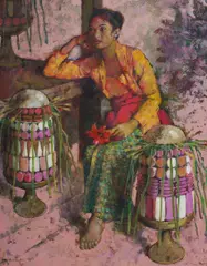 Arthur Boothroyd, Girl with Offerings, Oil on Card