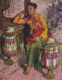 Arthur Boothroyd, Girl with Offerings, Oil on Card