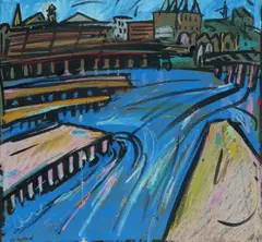 Darling Harbour Docks by Margaret Ackland, Brushed Ink & Pastel, sold Dec 2024