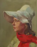 Yve Close, The Red Scarf, Oil on Canvas on Board
