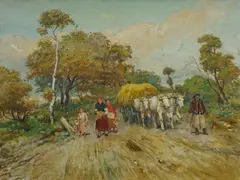 Lajos Deák Ébner, Farming Family with Hay Cart, Oil on Canvas