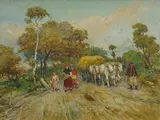 Lajos Deák Ébner, Farming Family with Hay Cart, Oil on Canvas