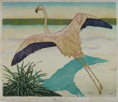 Carl Moser, Flamingo, 1930, Woodcut on Japanese Tissue Paper