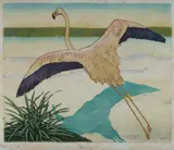 Carl Moser, Flamingo, 1930, Woodcut on Japanese Tissue Paper