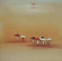 Koi Tay Bak, Farmers Under Red Sun, W/Clr & Gouache