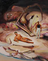 James Gleeson, Reclining Nude in Landscape/Psychoscape, Oil on Board