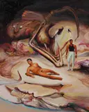 James Gleeson, Reclining Nude in Landscape/Psychoscape, Oil on Board