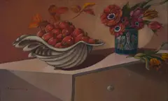 Still Life with Shell, Small Fruits and Flowers by Adrian Feint, 1968, Oil on Board, sold Dec 2024