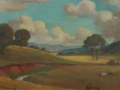 Roland Wakelin, Bush Creek with Grazing Horses, 1944, Oil on Canvas on Board