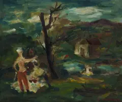 Figures in Landscape / Bush Picnic by Francis Lymburner, Oil on Canvas, sold Dec 2024