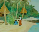 Ray Crooke, Islanders on the Beach, Oil on Canvas