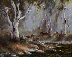 Bush Brumbies by Kevin Best, Oil on Board, sold Dec 2024