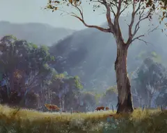 Cattle Grazing in Filtered Light by Kevin Best, 1987, Oil on Board, sold Dec 2024