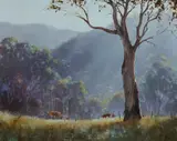 Kevin Best, Cattle Grazing in Filtered Light, 1987, Oil on Board