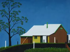Max Watters, House and Shed, Nundah, 1977, Oil & Mixed Media on Board