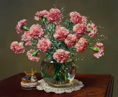 Reginald Campbell, Still Life with Carnations, Oil on Canvas on Board