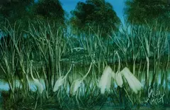 Waterbirds on the Creek by Pro Hart, 2000, Oil on Board, sold Dec 2024