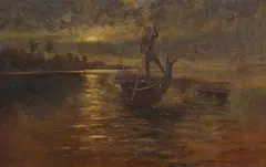 Adolph Gustave Plate, Outrigger Canoe at Night, Pacific Islands (possibly Fiji), Oil on Board