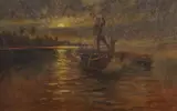 Adolph Gustave Plate, Outrigger Canoe at Night, Pacific Islands (possibly Fiji), Oil on Board