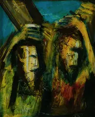Pro Hart, Simon of Cyrene Helps Jesus Carry the Cross (5th Station of the Cross), Oil on Canvas on Board