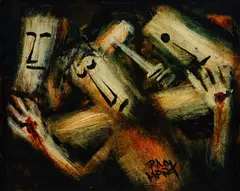 Pro Hart, Jesus is Nailed to the Cross (11th Station of the Cross), Oil on Canvas on Board