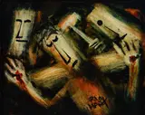 Pro Hart, Jesus is Nailed to the Cross (11th Station of the Cross), Oil on Canvas on Board