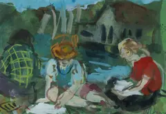 Wendy Sharpe, Reading Outside, W/Clr, Gouache & Pastel