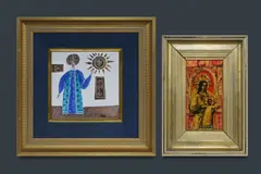 William Drew, (2), Virgin Mary and Baby Jesus, 1968, mixed media on board (16x8.5cm), signed lower right; and Religious figure, ceramic tile (15x15cm), signed lower right