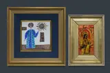William Drew, (2), Virgin Mary and Baby Jesus, 1968, mixed media on board (16x8.5cm), signed lower right; and Religious figure, ceramic tile (15x15cm), signed lower right