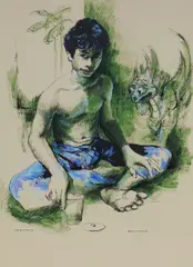 Donald Mitchell, Agung Minum Teh (Agung Drinking Tea), 1985, Pen, Ink & Gouache