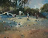 Phillip Ross Pomroy, Thunderbolt, Mason and the Tall Englishman at Currabubula Creek [NSW], Oil on Canvas
