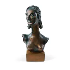 Anna Cohn, Head of a Woman, 1961, Fired Clay with Painted Bronze Patina on Wooden Base
