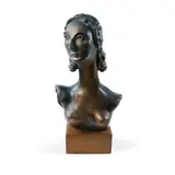 Anna Cohn, Head of a Woman, 1961, Fired Clay with Painted Bronze Patina on Wooden Base