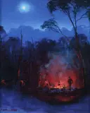 Kevin Best, Bush Camp at Night, Oil on Canvas on Board