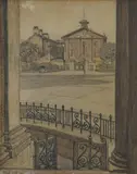 Sydney Ure Smith, Hyde Park Barracks from St. James Church, c.1936, Pencil & W/Clr